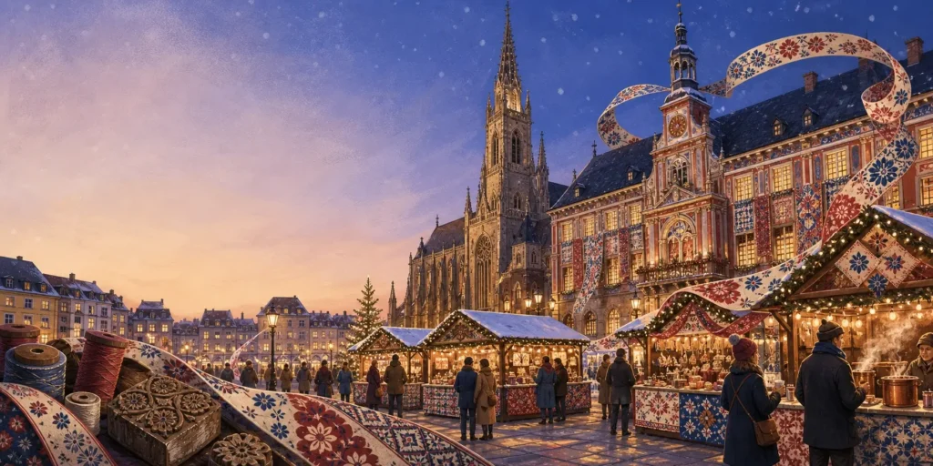 Illustrated panoramic view of Mulhouse Christmas Market on Place de la Réunion, featuring the illuminated Temple Saint-Étienne, colourful textile-inspired decorations, wooden chalets, festive lights and visitors enjoying the Alsatian market.