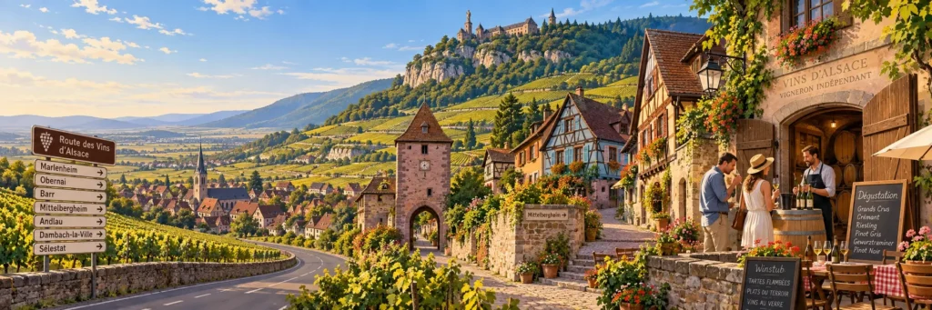 Panoramic editorial illustration of the Northern Alsace Wine Route at golden hour, showing a winding road connecting Obernai, Barr, Mittelbergheim, Andlau and Dambach-la-Ville through rolling vineyards, with half-timbered Alsatian houses, church spires, wine bottles and the distant silhouette of Mont Sainte-Odile. The composition evokes a quieter, less touristy alternative to the Colmar wine route.