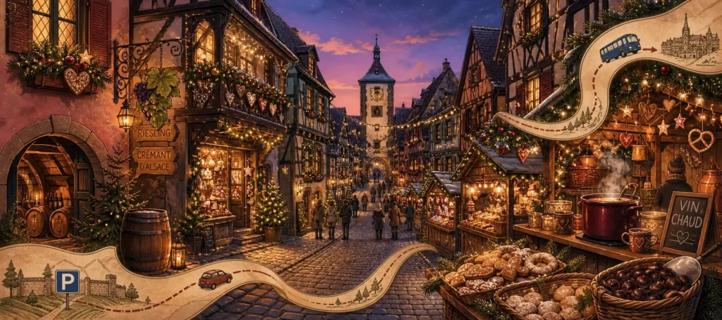 A creative panoramic illustration of Riquewihr’s medieval Christmas market at dusk, with decorated half-timbered houses, glowing stalls, mulled wine, and the Dolder tower in the background.