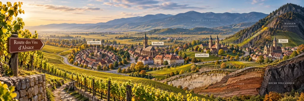 Panoramic editorial illustration of the southern Alsace Wine Route, showing a winding road descending through steep vineyard terraces from the Grand Cru slopes above Thann and Guebwiller towards colourful wine villages, with the Vosges Mountains in the distance and subtle references to Rangen, Zinnkoepflé and the Alsatian wine landscape.
