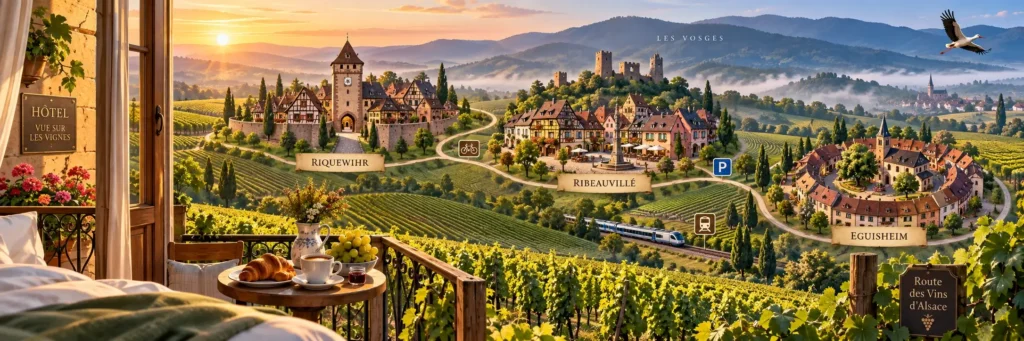A distinctive view of a half-timbered Alsace village nestled among vineyards, suggesting a peaceful place to stay along the Wine Route.
