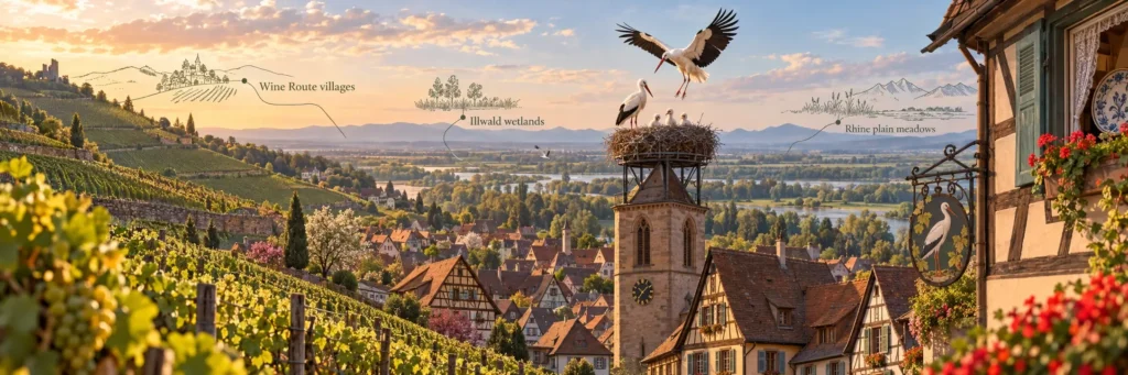 A white stork flies above Alsace’s half-timbered villages and vineyards at golden hour, with the Vosges mountains in the distance.