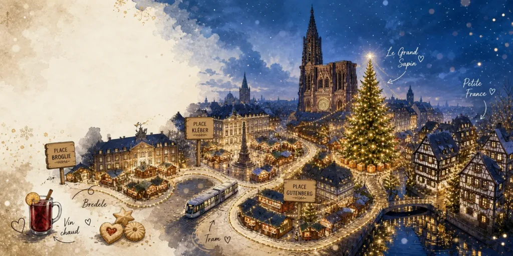 Stylised evening illustration of Strasbourg’s Christmas market, with glowing wooden stalls, festive lights, the cathedral and half-timbered buildings in the background