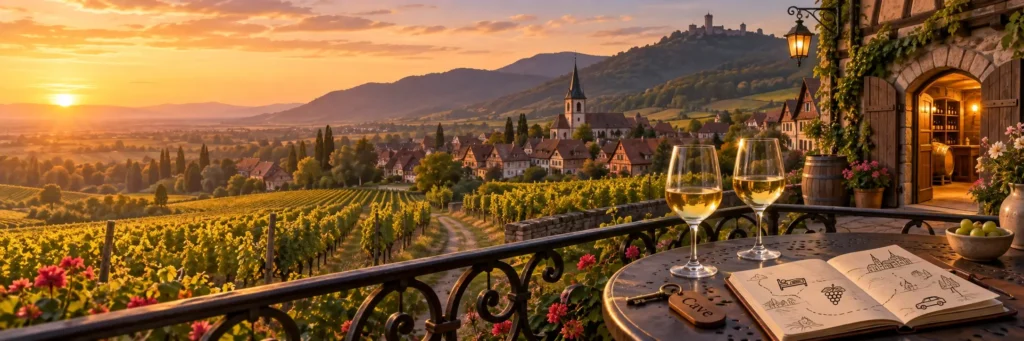 A small Alsace vineyard hotel sits among steep rows of vines, with the Vosges mountains in the distance and a wine glass on the terrace.