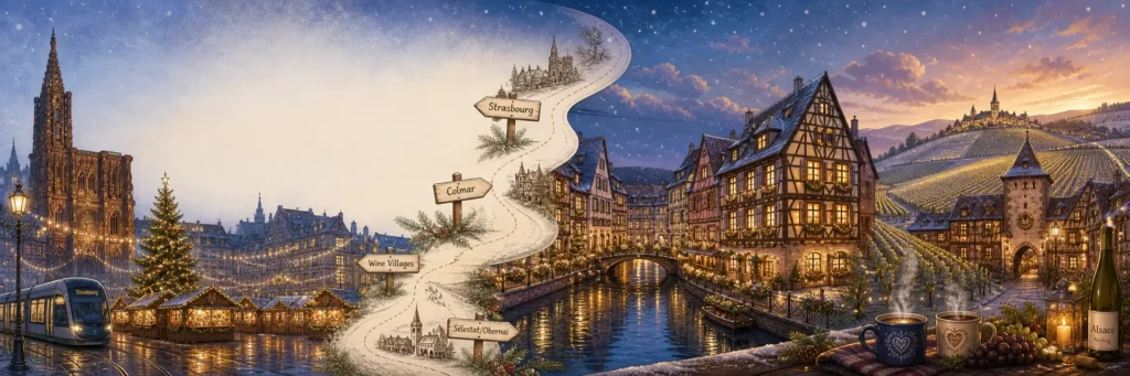 A panoramic winter illustration of Alsace at Christmas, showing a cosy half-timbered village with illuminated market stalls, snowy rooftops, vineyards and a distant church, evoking the choice between staying in Strasbourg, Colmar or a wine-route village.