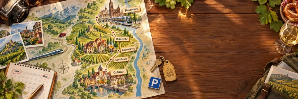 A cutaway-style illustration of Alsace showing Strasbourg, Colmar and wine villages nestled among vineyards, with a winding route linking the region’s places to stay.