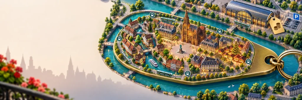 Illustrated map of Strasbourg’s Grande Île, with the cathedral, Petite France canals, the main station and neighbourhoods beyond the historic centre.